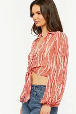 Abstract Chiffon Tie-Front Shirt
