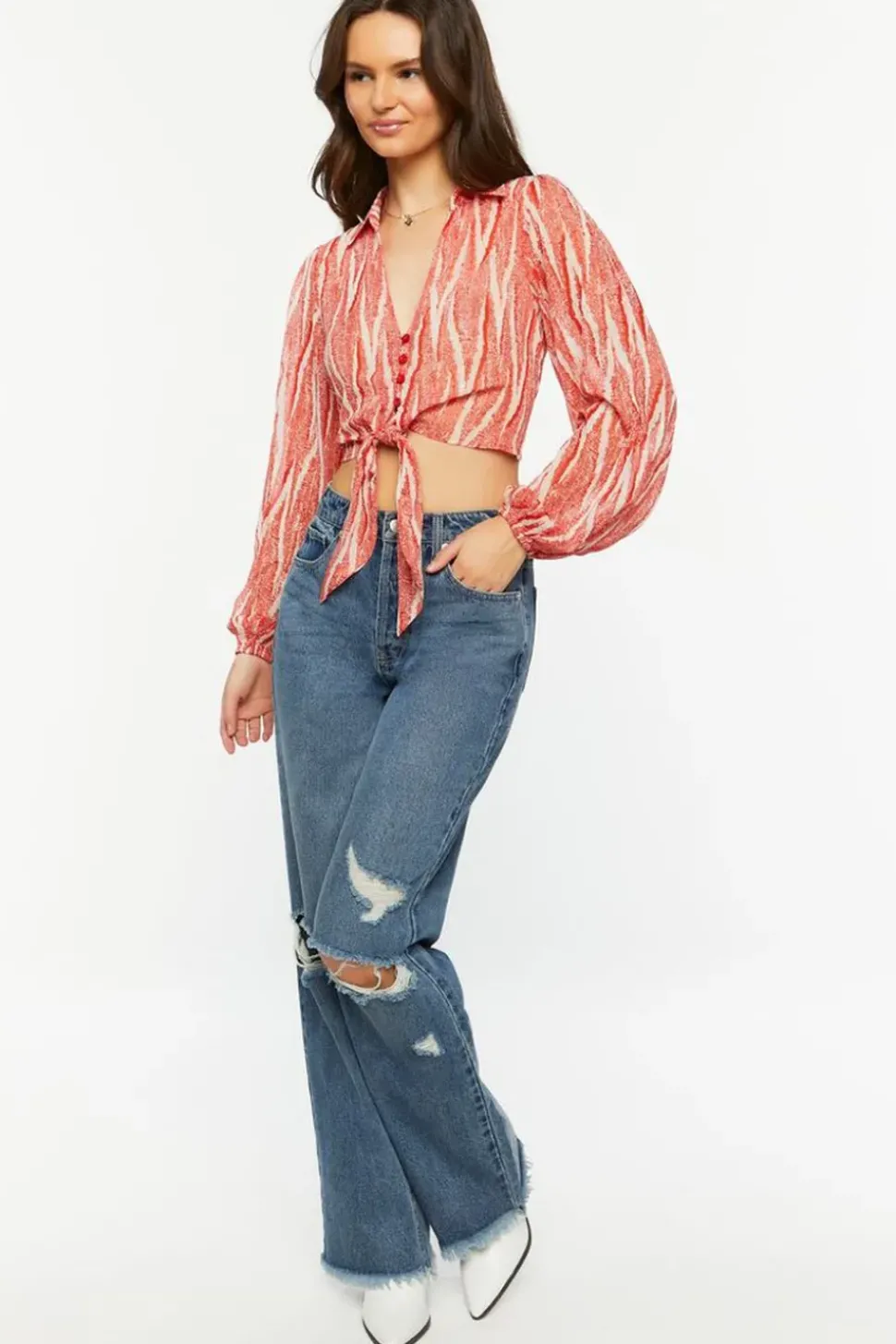 Abstract Chiffon Tie-Front Shirt
