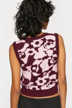 Abstract Floral Print Cropped Sweater Vest
