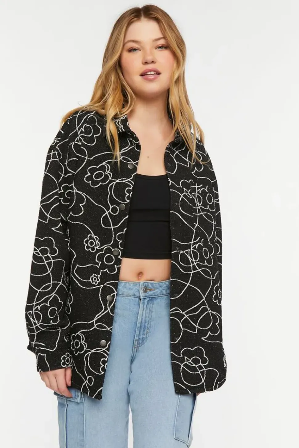 Abstract Floral Print Jacquard Shacket