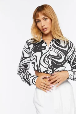 Abstract Print Chain-Hem Cropped Shirt