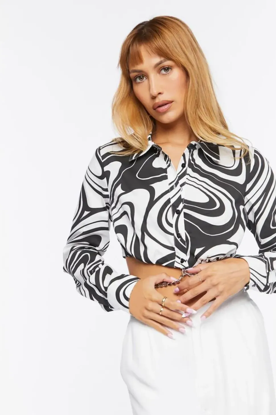 Abstract Print Chain-Hem Cropped Shirt