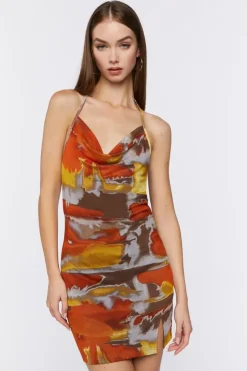 Abstract Print Cowl Neck Halter Dress
