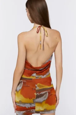Abstract Print Cowl Neck Halter Dress