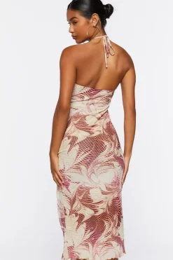 Abstract Print Mesh Halter Midi Dress