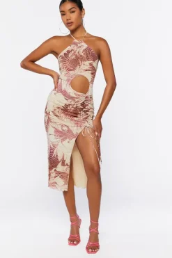 Abstract Print Mesh Halter Midi Dress