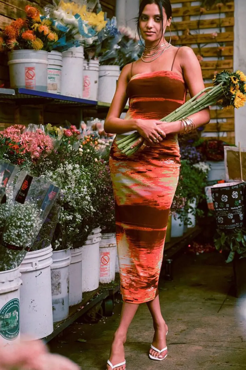 Abstract Print Mesh Midi Dress