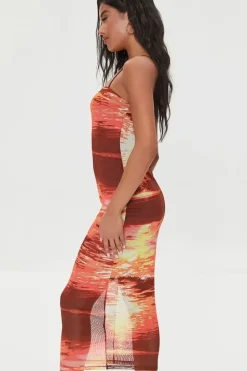Abstract Print Mesh Midi Dress