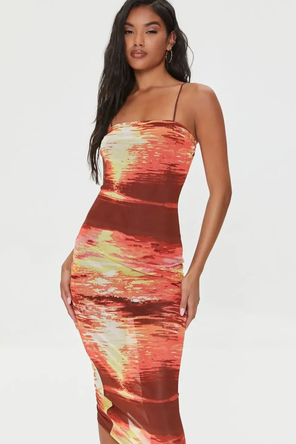 Abstract Print Mesh Midi Dress
