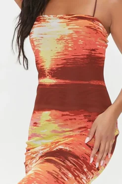 Abstract Print Mesh Midi Dress