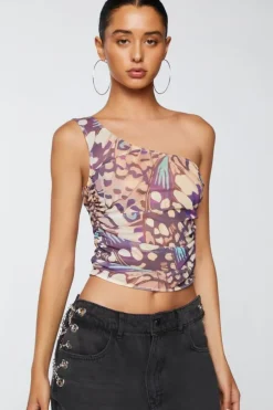 Abstract Print One-Shoulder Crop Top