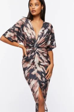 Abstract Print Twisted Midi Dress
