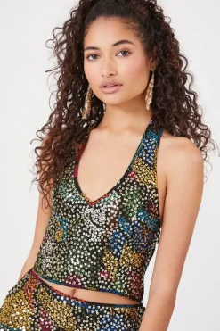 Abstract Sequin Halter Crop Top