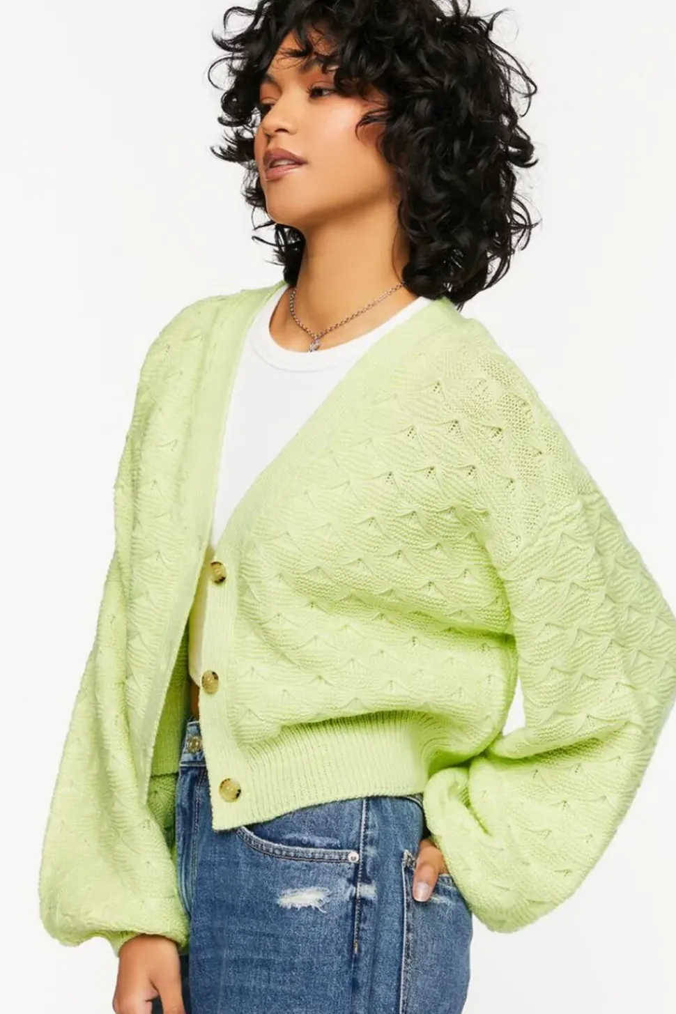 Balloon-Sleeve Cardigan Sweater