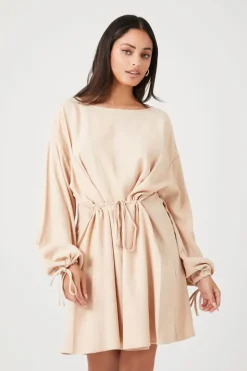 Balloon-Sleeve Drawstring Mini Dress
