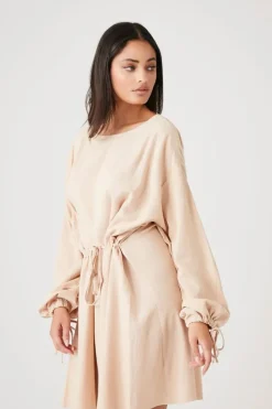 Balloon-Sleeve Drawstring Mini Dress