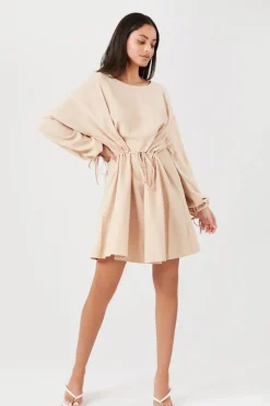 Balloon-Sleeve Drawstring Mini Dress