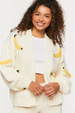 Banana Print Open-Front Cardigan Sweater
