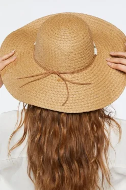 Beaded-Trim Floppy Straw Hat