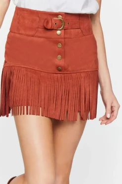 Belted Faux Suede Fringe Mini Skirt
