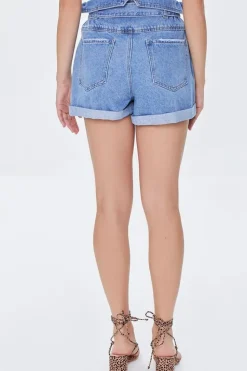 Belted Foldover Denim Shorts