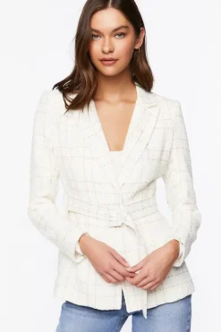 Belted Grid Plaid Tweed Blazer