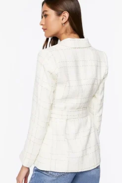 Belted Grid Plaid Tweed Blazer
