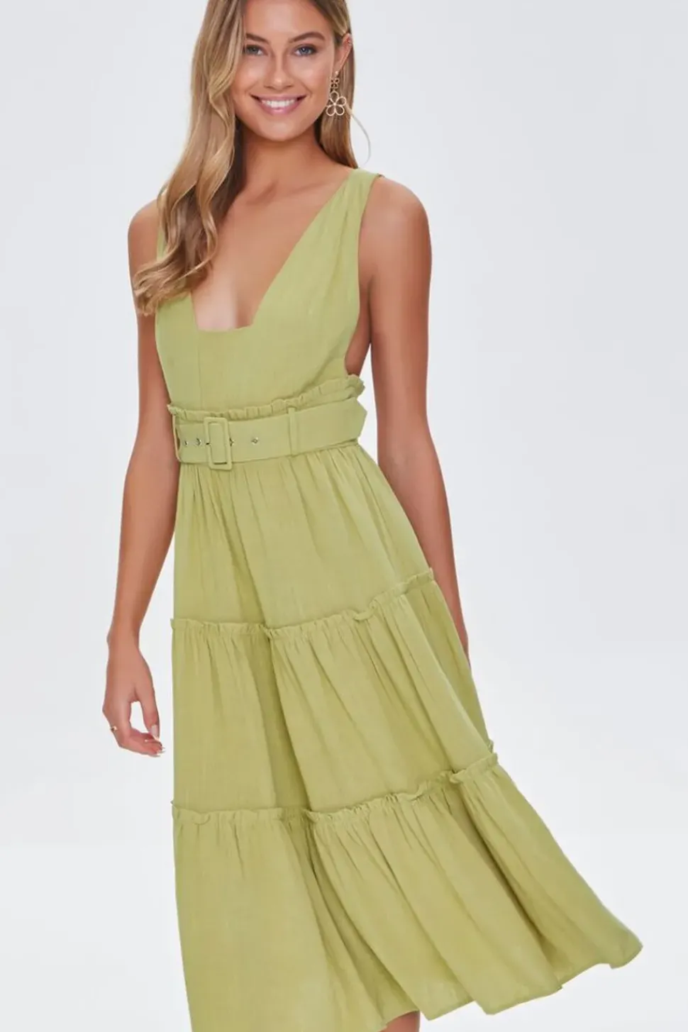 Belted Plunging Flounce Dress