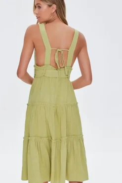 Belted Plunging Flounce Dress