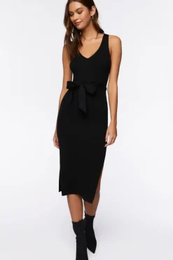 Belted Ribbed M-Slit Midi Dress