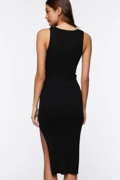 Belted Ribbed M-Slit Midi Dress