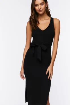 Belted Ribbed M-Slit Midi Dress