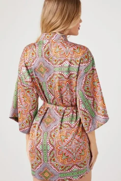 Belted Satin Ornate Print Kimono