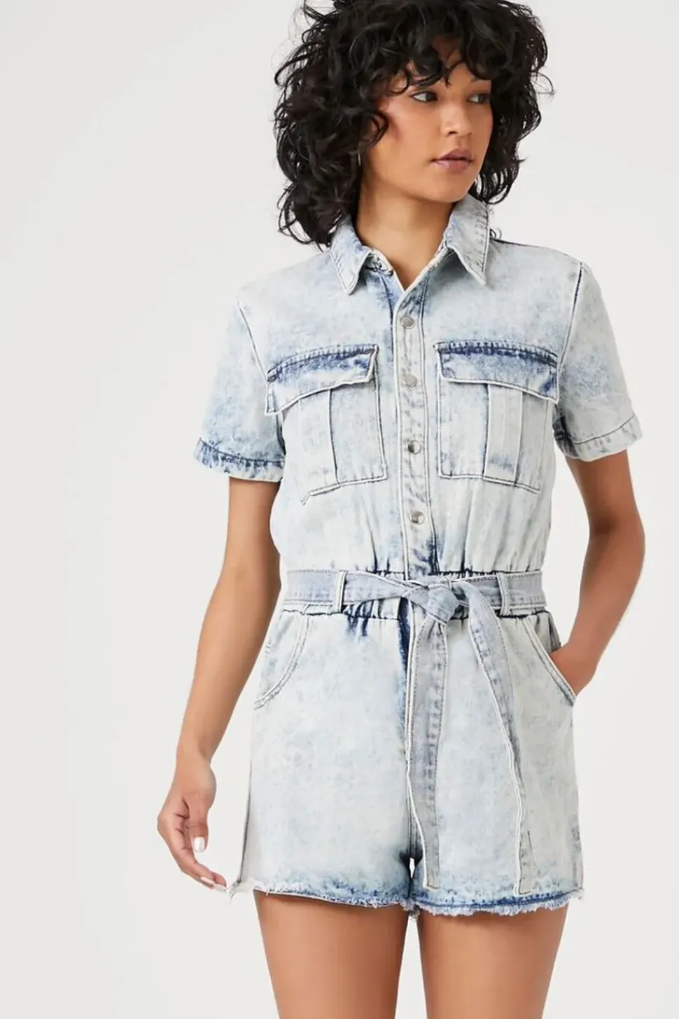 Belted Short-Sleeve Denim Romper