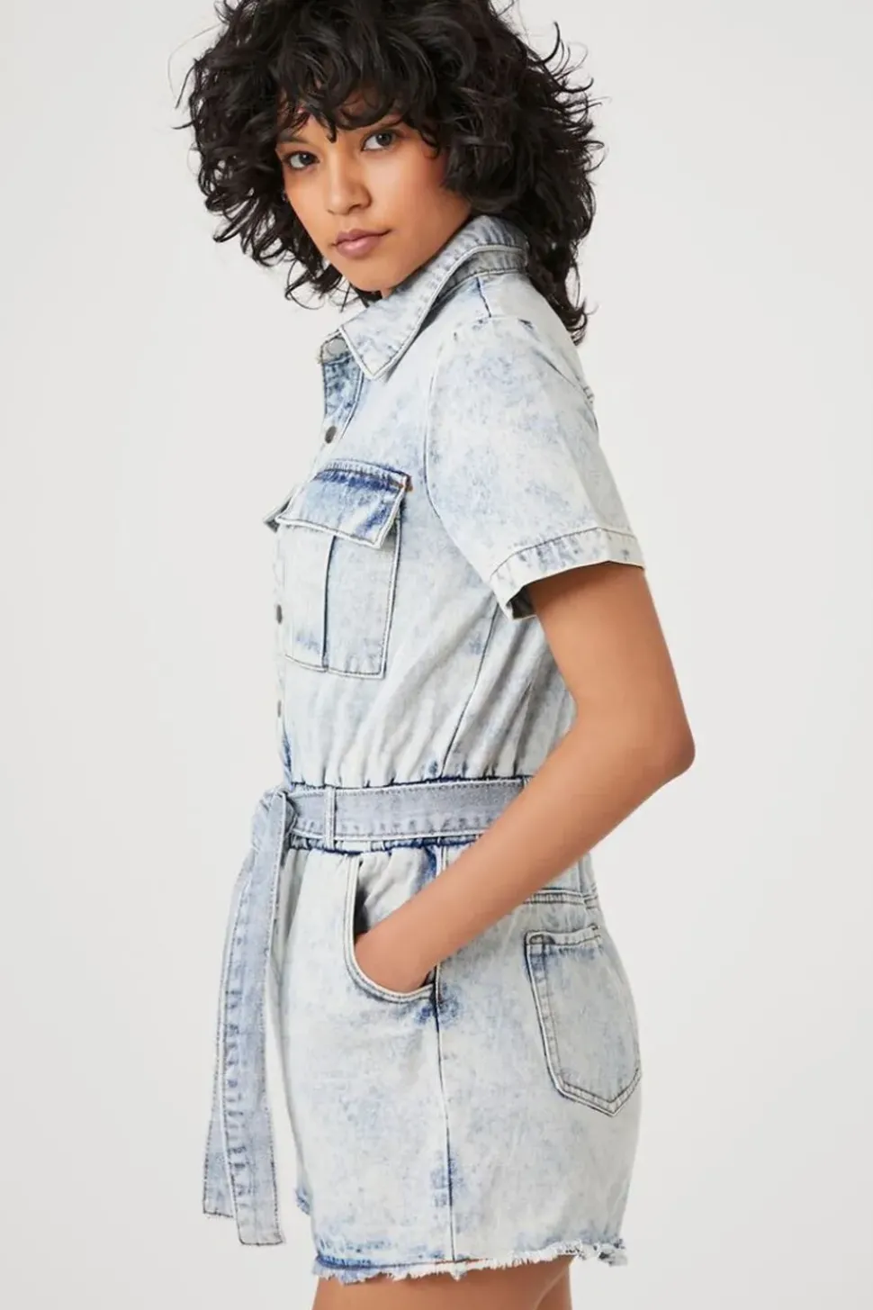 Belted Short-Sleeve Denim Romper