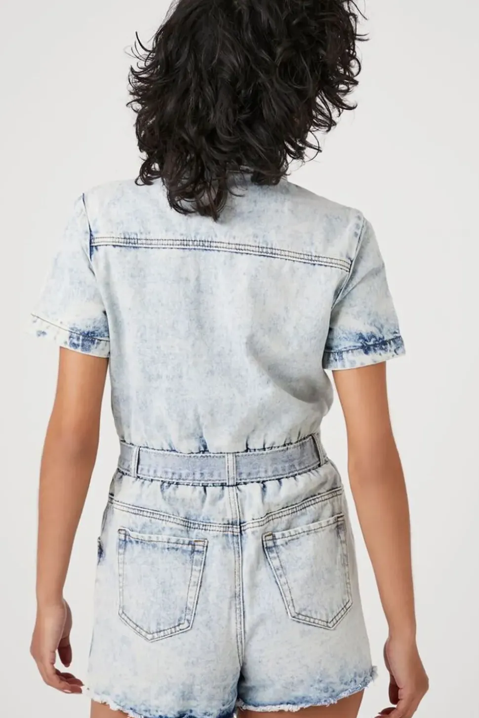 Belted Short-Sleeve Denim Romper
