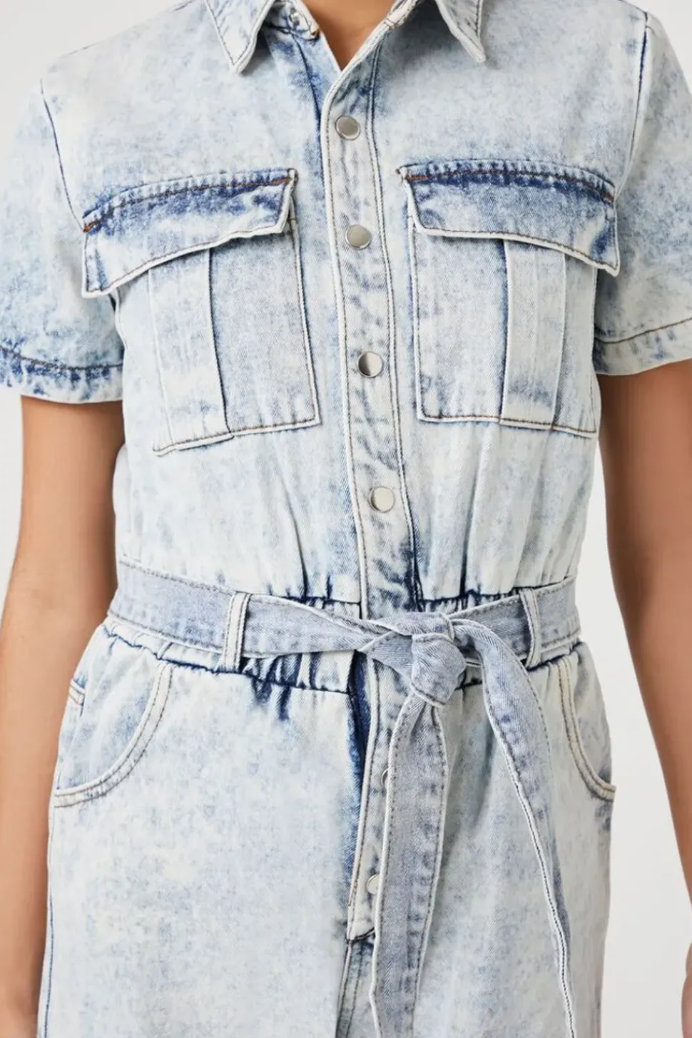 Belted Short-Sleeve Denim Romper