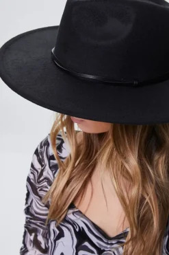 Brushed Faux Leather-Trim Fedora