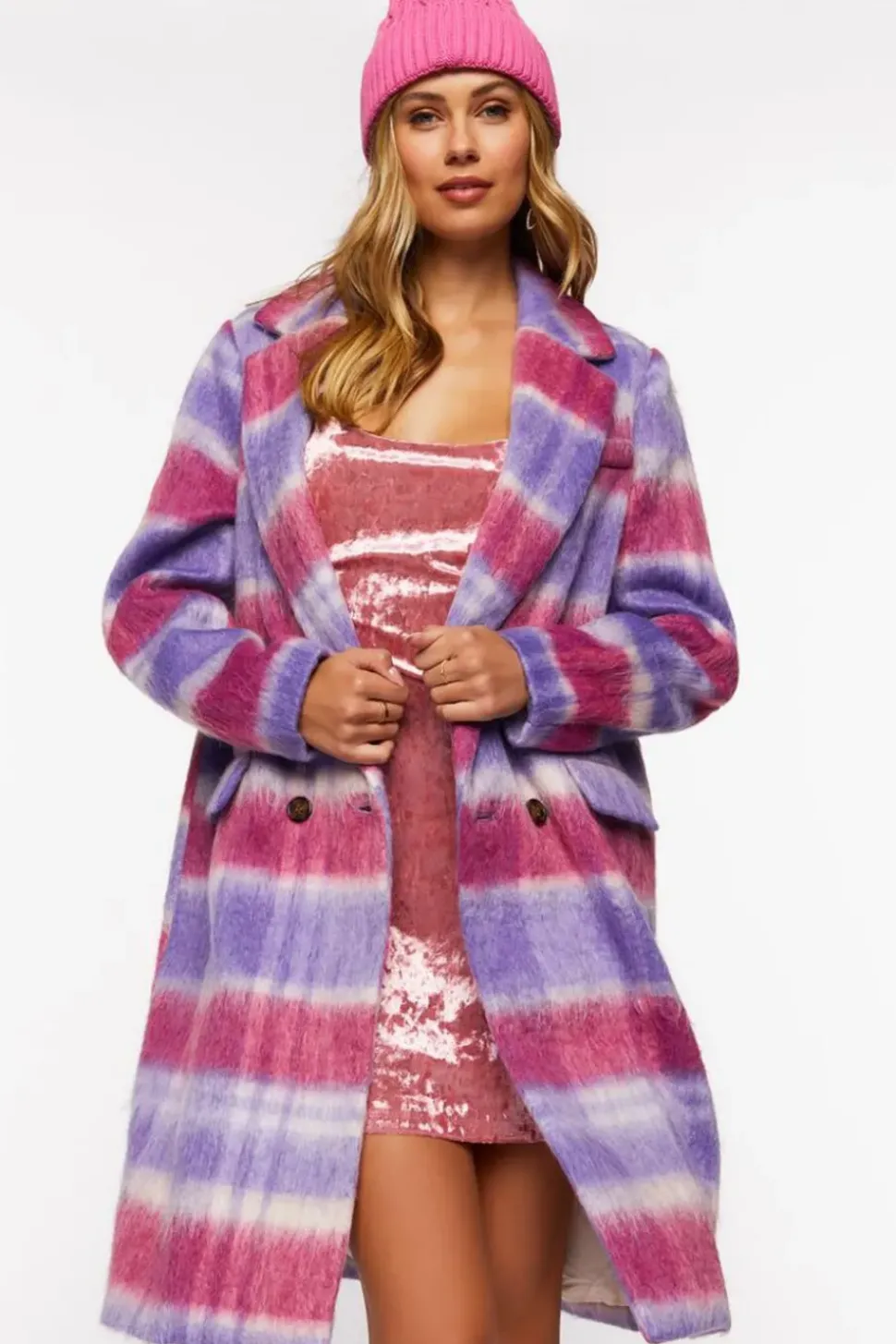 Brushed Plaid Duster Coat