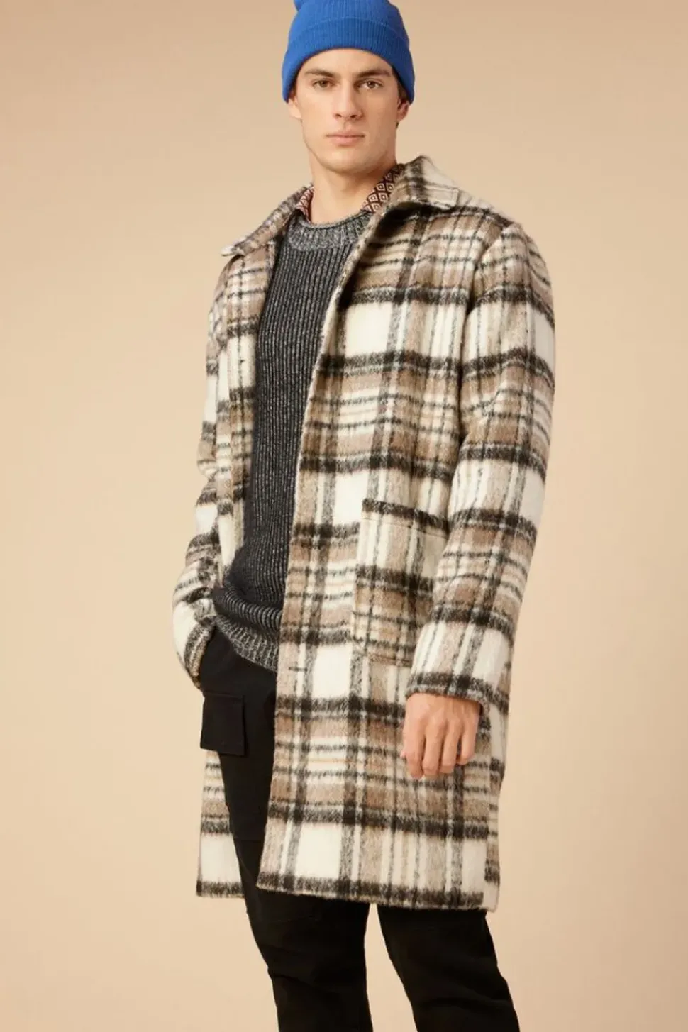 Brushed Plaid Longline Coat