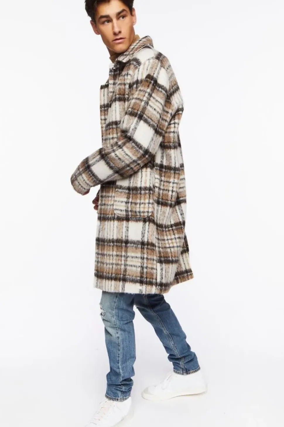 Brushed Plaid Longline Coat