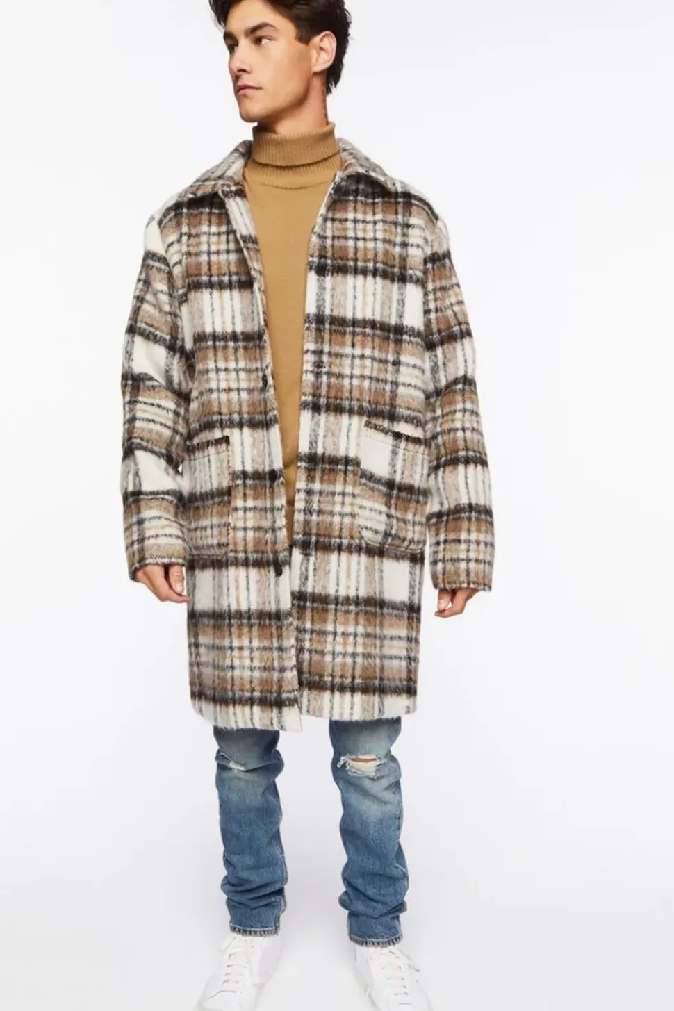 Brushed Plaid Longline Coat