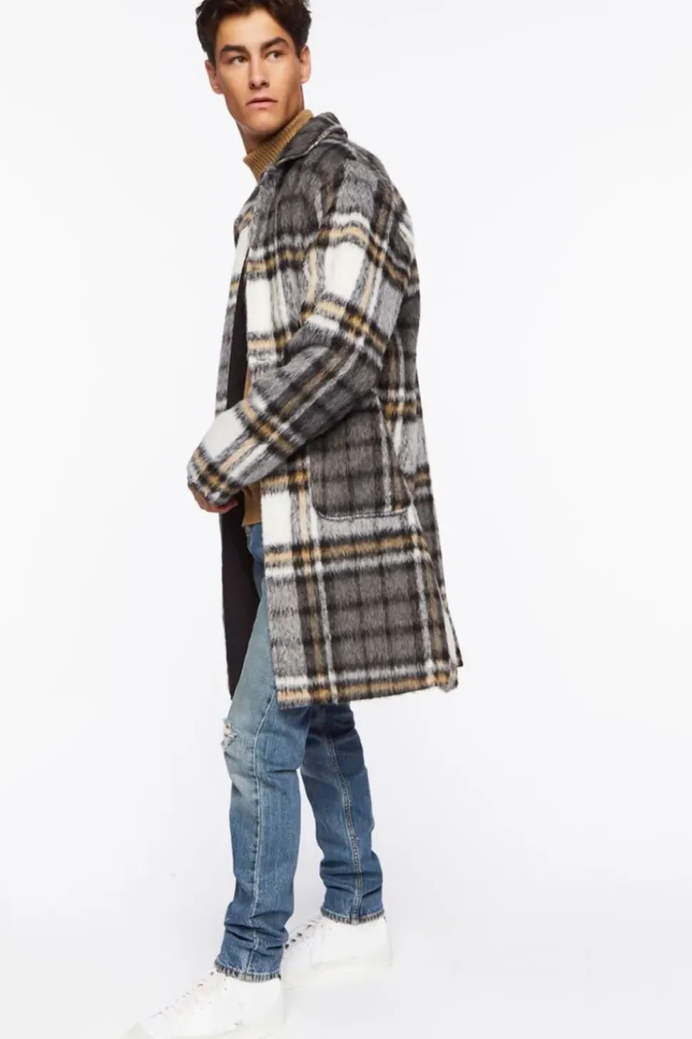 Brushed Plaid Longline Coat