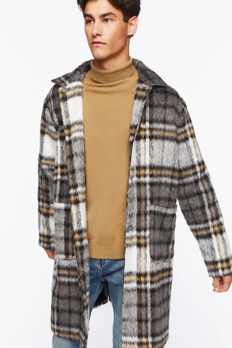 Brushed Plaid Longline Coat