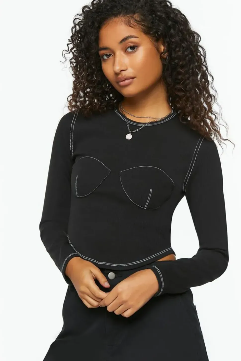 Bustier-Stitched Long-Sleeve Top