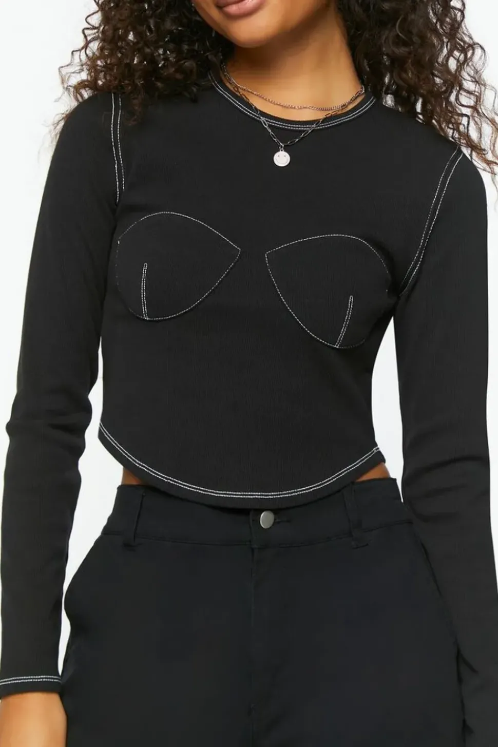 Bustier-Stitched Long-Sleeve Top