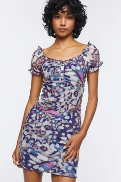 Butterfly Print Mesh Mini Dress