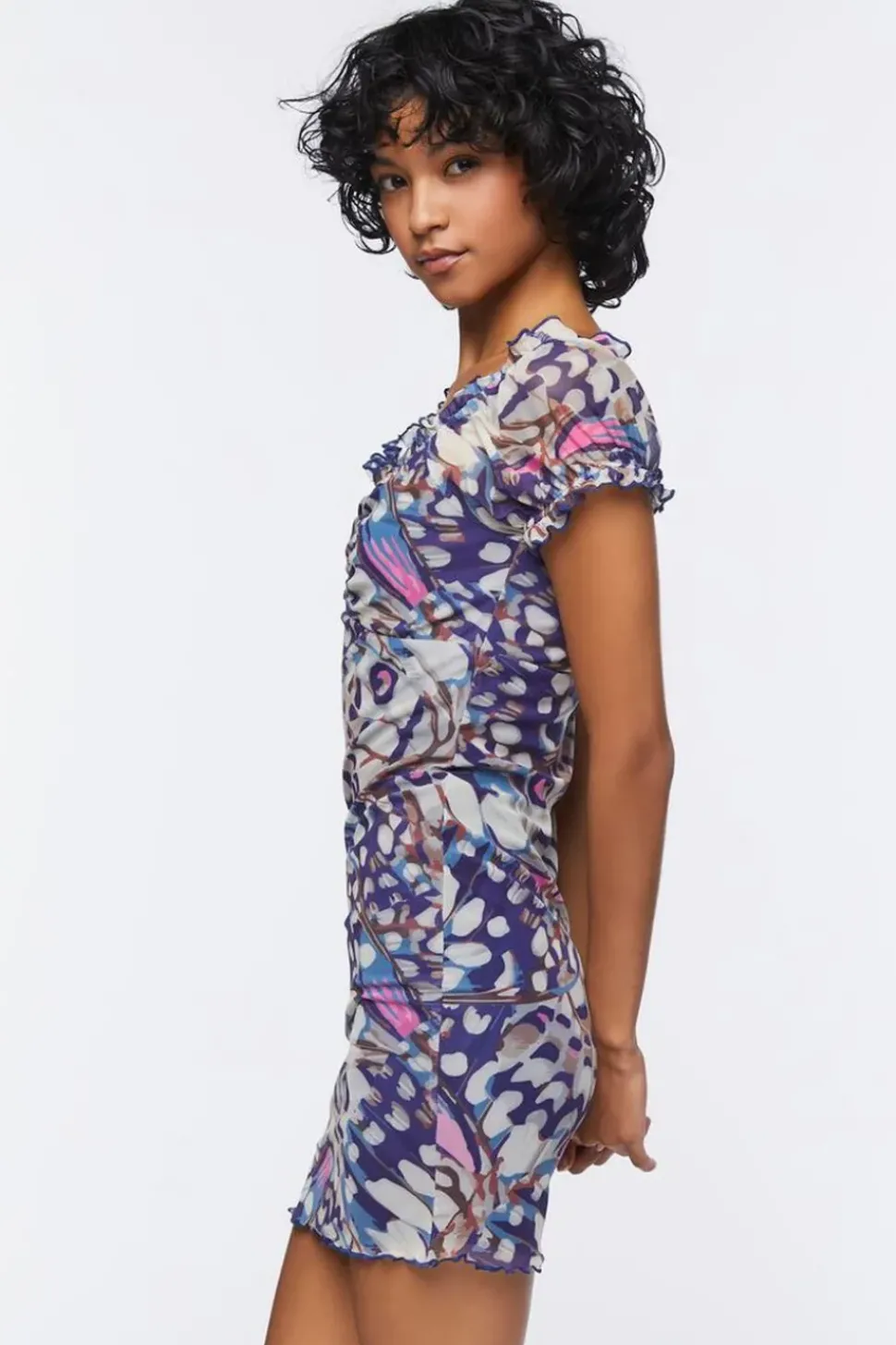 Butterfly Print Mesh Mini Dress