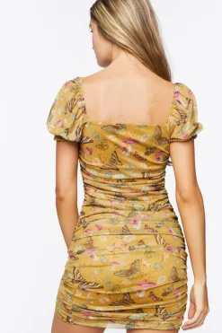 Butterfly Print Ruched Mini Dress