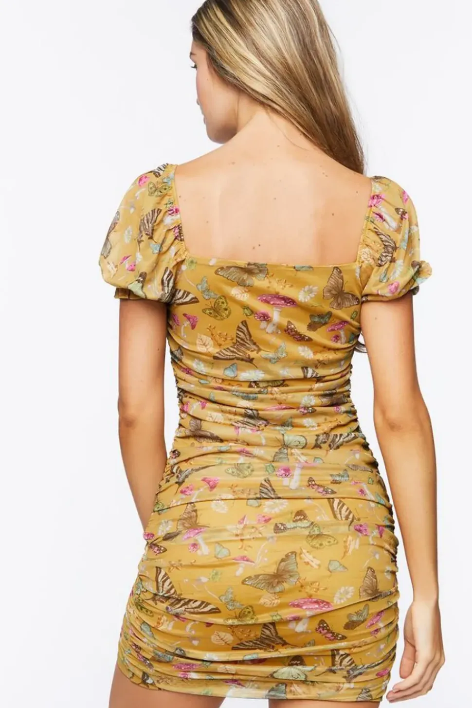Butterfly Print Ruched Mini Dress